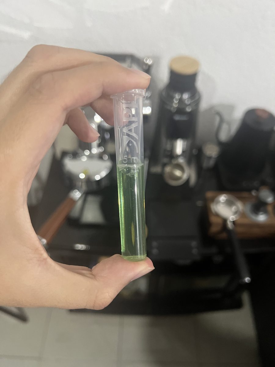 GH test tube with green water at end of test — 7 drops